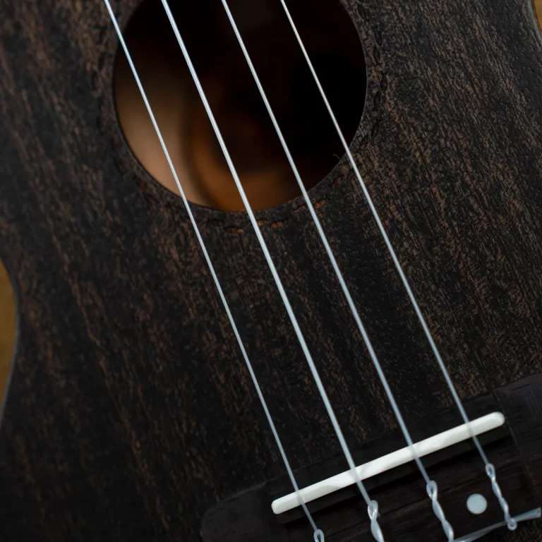 Close-up of a dark wood acoustic guitar body with strings crossing the soundhole area. ขายราคาพิเศษ