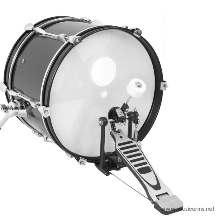 A bass drum with a metal foot pedal attached, viewed from the side, on a white background. ขายราคาพิเศษ