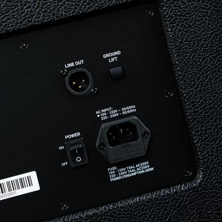 Rear of an amplifier: power switch, IEC power inlet, line-out XLR connector, and a ground-lift switch on a black textured cabinet surface. ขายราคาพิเศษ