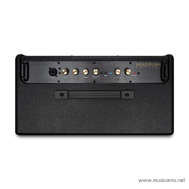 Front panel of the HeadRush FRFR-12 guitar cabinet with knobs for input, bass, mid, treble, and power, plus Bluetooth and indicator lights. ขายราคาพิเศษ