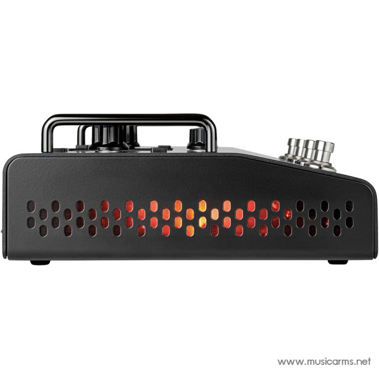 Black portable guitar effects pedal with perforated side and red LED lighting visible through the vents on white background. ขายราคาพิเศษ