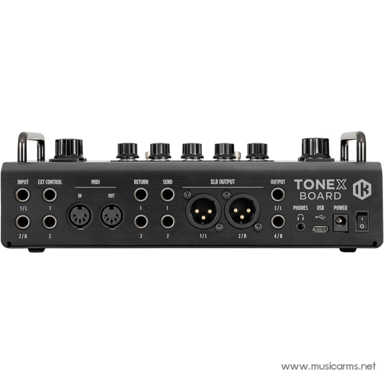 Rear panel of a Tonex Board audio interface showing input jacks (1L/2R), MIDI ins/outs, RETURN/SEND, XLR outputs (1L, 2R), USB power and controls. ขายราคาพิเศษ