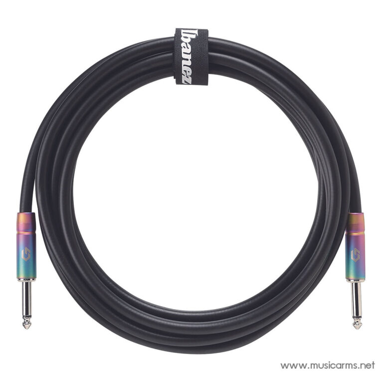 Coiled 1/4 inch instrument cable with rainbow-colored connectors and gold-plated tips, ready for use with guitars or keyboards. ขายราคาพิเศษ