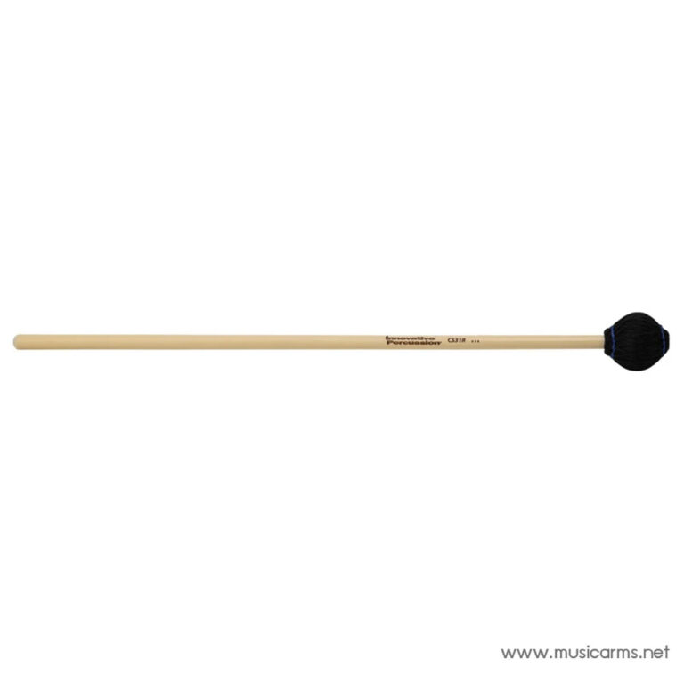 Wooden drum mallet with a round black fuzzy head and a blue ring at the end of the head. ขายราคาพิเศษ