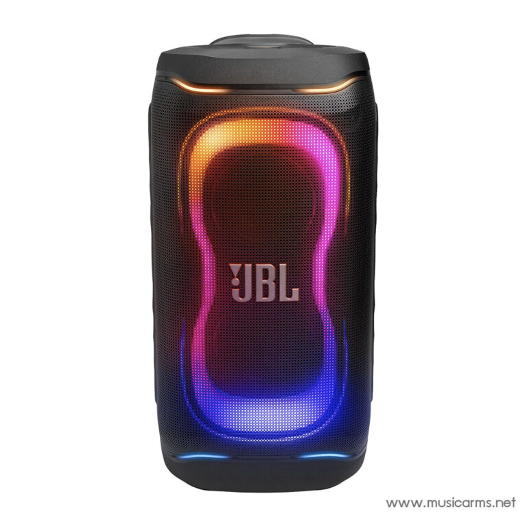 JBL portable Bluetooth speaker with multicolor RGB lighting around the front grille, standing upright on a surface. ขายราคาพิเศษ