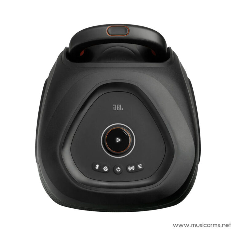 Front view of a black JBL portable speaker with a circular play button and small status icons on the control panel. ขายราคาพิเศษ