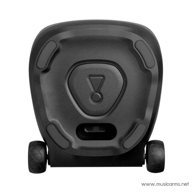 Underside view of a black wheeled device with a central triangular button and four rubber pads around the edges; looks like a portable rolling base or stand. ขายราคาพิเศษ