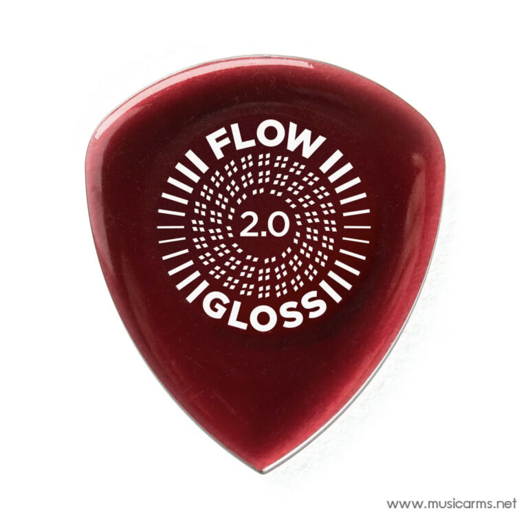 Red glossy guitar pick with white circular text reading 'FLOW 2.0 GLOSS' and a dotted pattern; musicarms.net at edge. ขายราคาพิเศษ