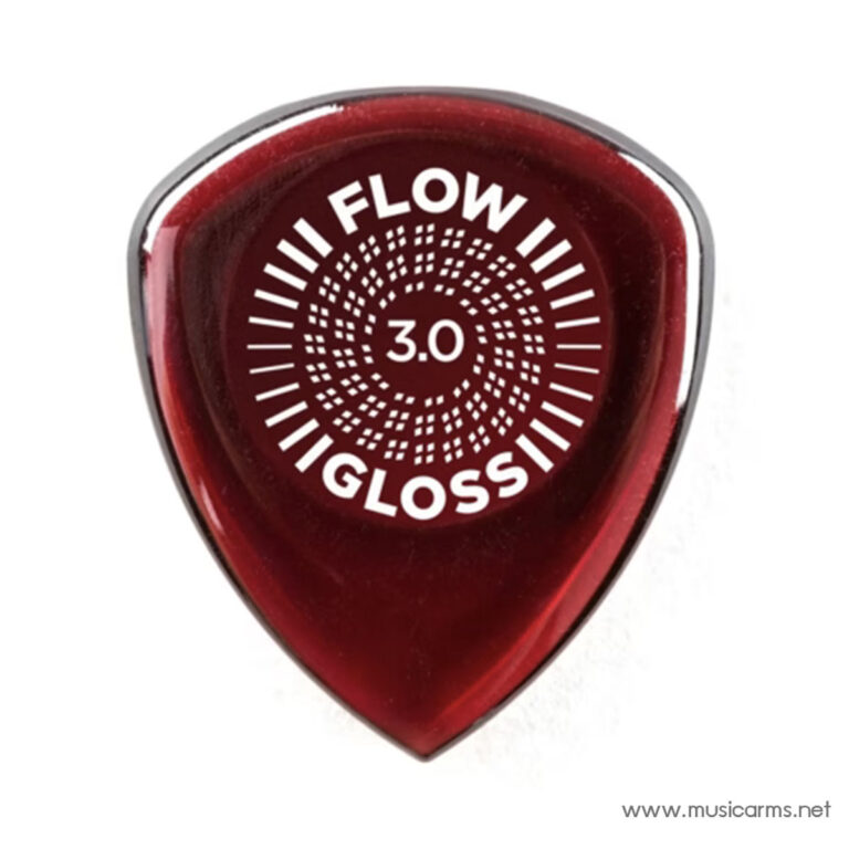 Red translucent guitar pick with a white circular logo reading 'FLOW III GLOSS' and '3.0' at the center, plus a small www.musicarms.net watermark. ขายราคาพิเศษ