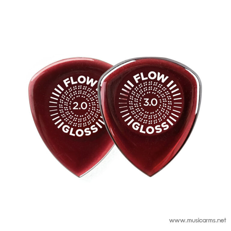 Two red Flow Glossing guitar picks labeled 2.0 and 3.0 on a white background, with dotted circular design and the site www.musicarms.net in the corner. ขายราคาพิเศษ