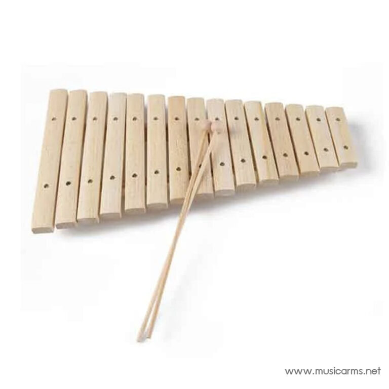 Wooden xylophone with light-colored bars arranged in a row; two mallets cross over the center. ขายราคาพิเศษ