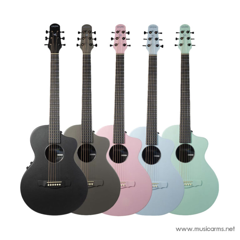 Five acoustic guitars in a row in different colors (black, dark gray, pink, light blue, mint) with 'musicarms.net' watermark on the bottom right. ขายราคาพิเศษ