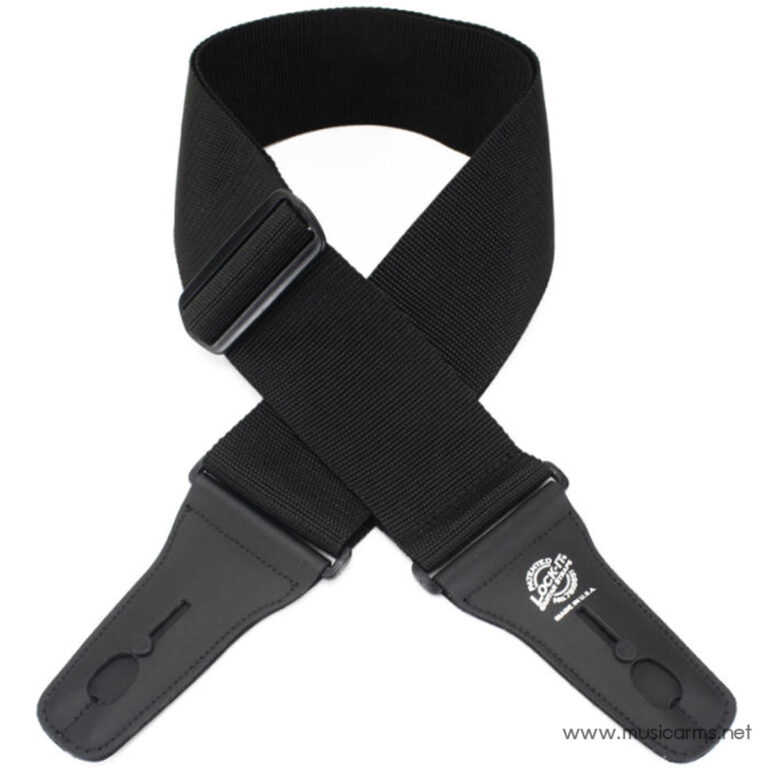 Black adjustable guitar strap with leather end pieces and a metal buckle, shown in a crossed configuration with a musicarms.net watermark. ขายราคาพิเศษ