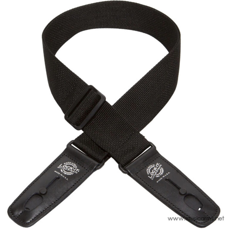 Black adjustable guitar strap with leather ends and quick-release buckles, designed to attach to an instrument ขายราคาพิเศษ