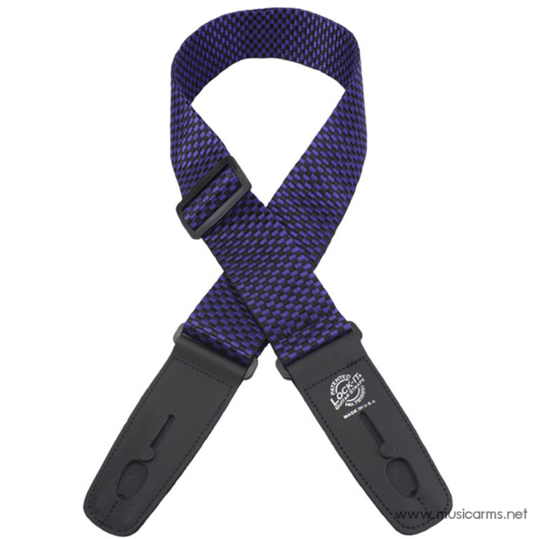 Purple and black checkered guitar strap with black leather ends and buckle adjustment. ขายราคาพิเศษ