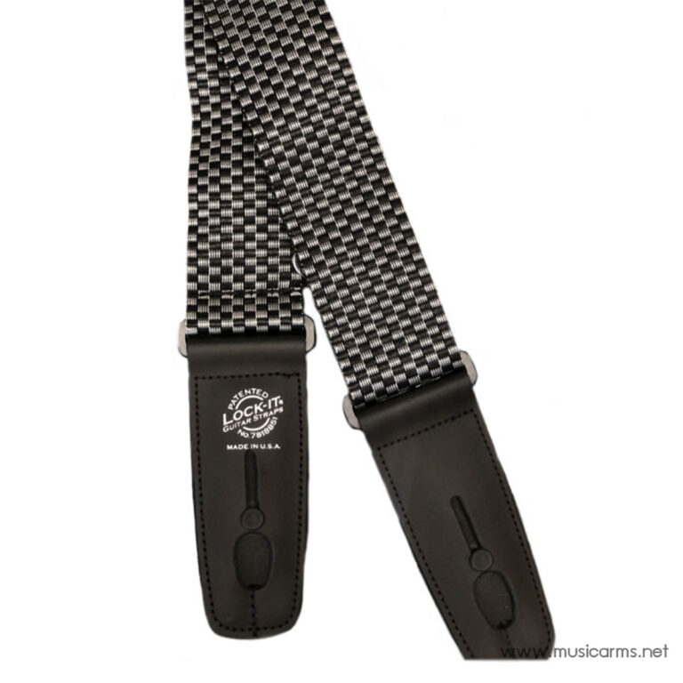 Woven black-and-white checker guitar strap with black leather ends and Lock-It hardware for secure attachment. ขายราคาพิเศษ