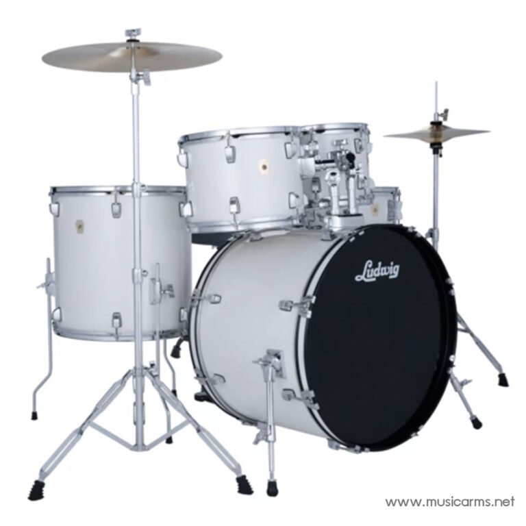 Acoustic Ludwig drum kit with bass drum, two toms, and cymbals on stands (white finish) ขายราคาพิเศษ