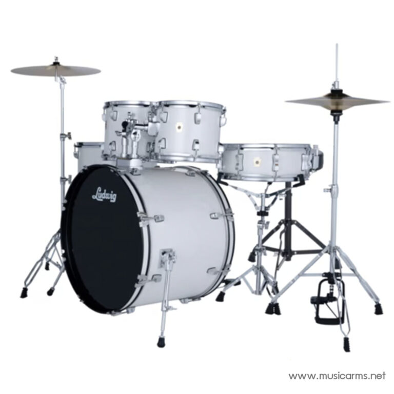 Silver Ludwig drum kit with bass drum, two toms, a floor tom, and cymbals on stands set against a white background. ขายราคาพิเศษ