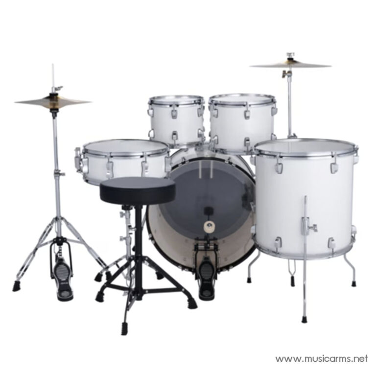 White drum kit on a white background featuring a bass drum, two mounted toms, a floor tom, a snare, two cymbals, and a black throne/stool with pedals nearby. ขายราคาพิเศษ