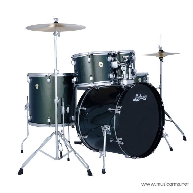 Full drum kit with a green finish: bass drum, floor tom, rack toms, hi-hat and crash cymbals on stands (Ludwig) ขายราคาพิเศษ