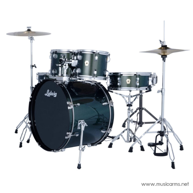 Green Ludwig drum kit with bass drum, two mounted toms, a floor tom, snare, and cymbals on chrome stands on a white background. ขายราคาพิเศษ