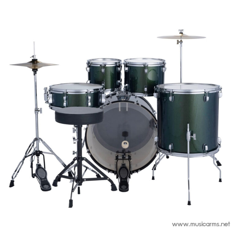Green drum kit with bass drum, two toms, a floor tom, hi-hat and cymbals (drum throne and pedals visible) ขายราคาพิเศษ