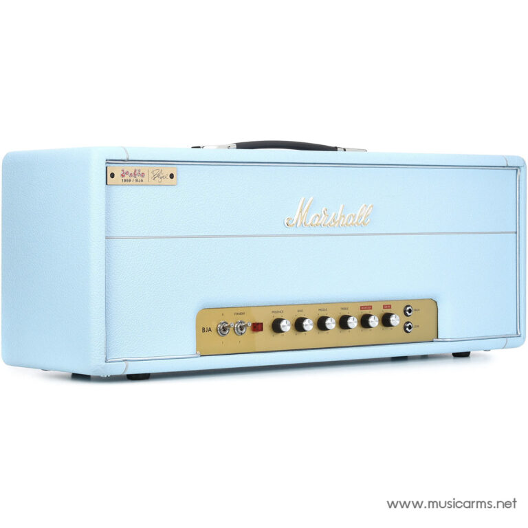 Light blue Marshall guitar amplifier head with a gold control panel, black handle, and chrome detailing. ขายราคาพิเศษ