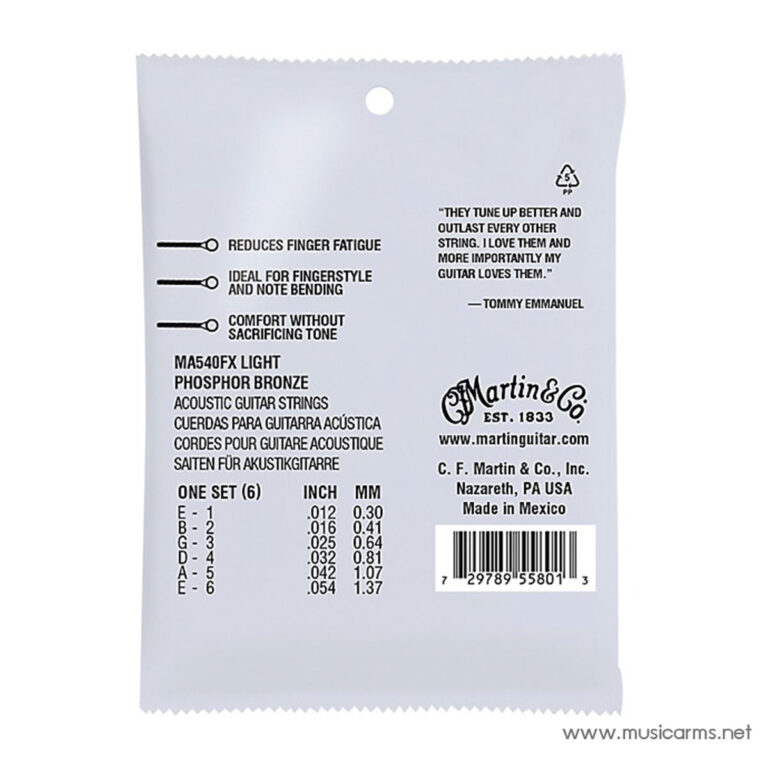 Back of a Martin & Co. MA540FX light phosphor bronze acoustic guitar strings package showing string gauges, features (reduces finger fatigue, ideal for fingerstyle, comfort without sacrificing tone), and Made in Mexico with barcode. ขายราคาพิเศษ