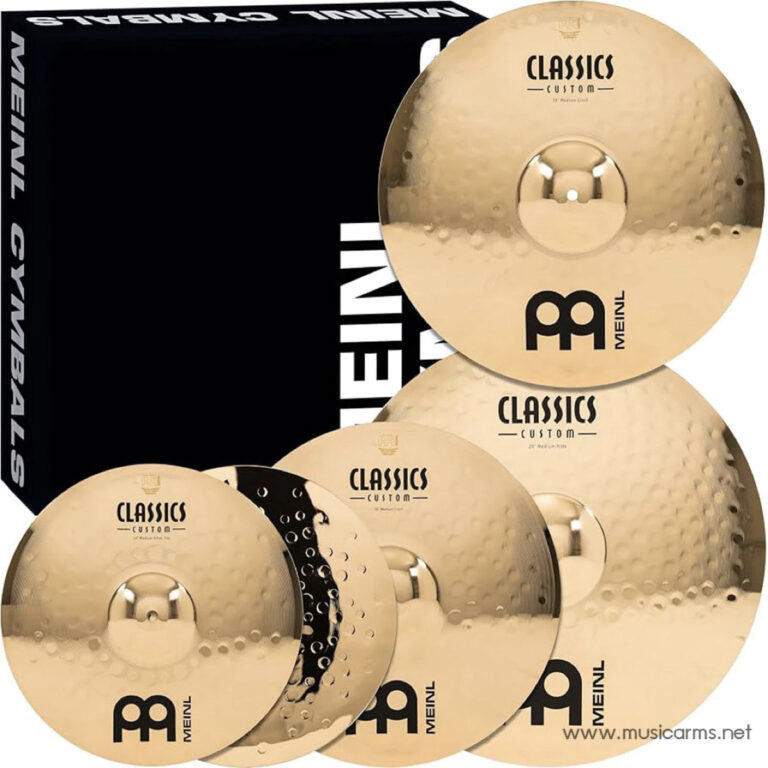 Gold Meinl Classics Custom cymbal set arranged in front of a black Meinl box. ขายราคาพิเศษ