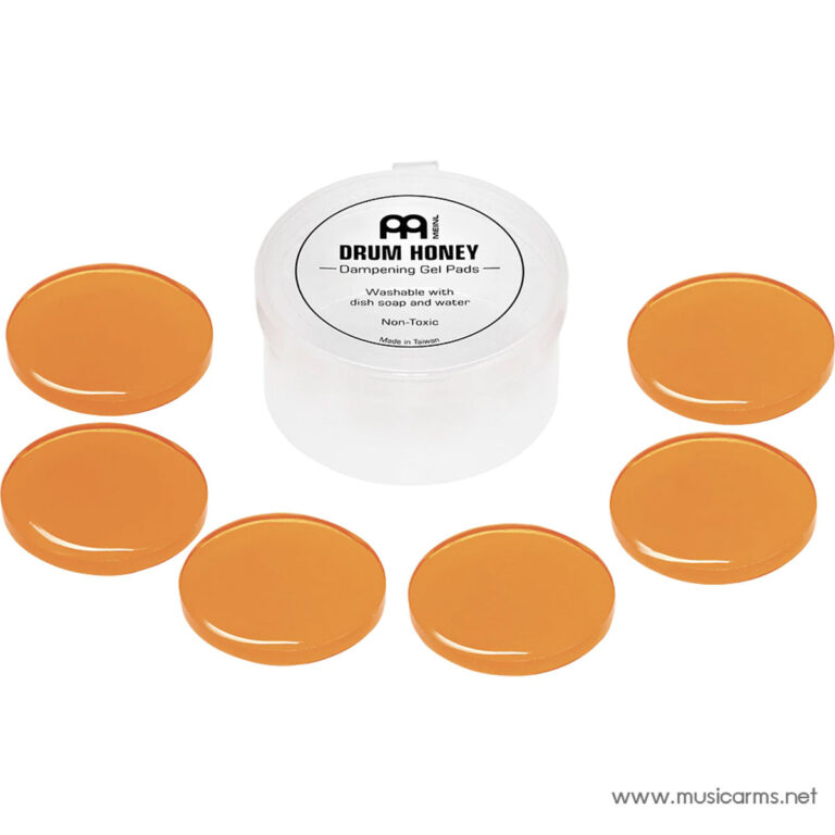 Eight orange circular dampening gel pads arranged around a white jar labeled Drum Honey dampening gel pads, product photo for drums (music accessory). ขายราคาพิเศษ