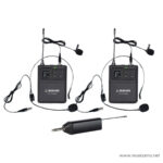 Two black wireless microphone receivers with lavalier mics and a separate bodypack transmitter on a white background, ready for use in a two-microphone setup. ลดราคาพิเศษ