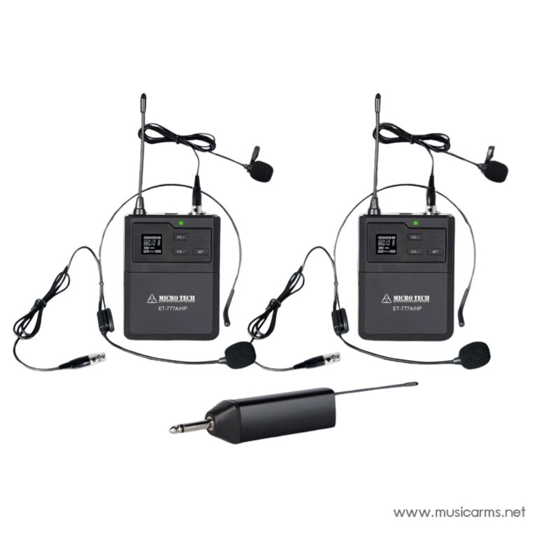 Two black wireless microphone receivers with lavalier mics and a separate bodypack transmitter on a white background, ready for use in a two-microphone setup. ขายราคาพิเศษ