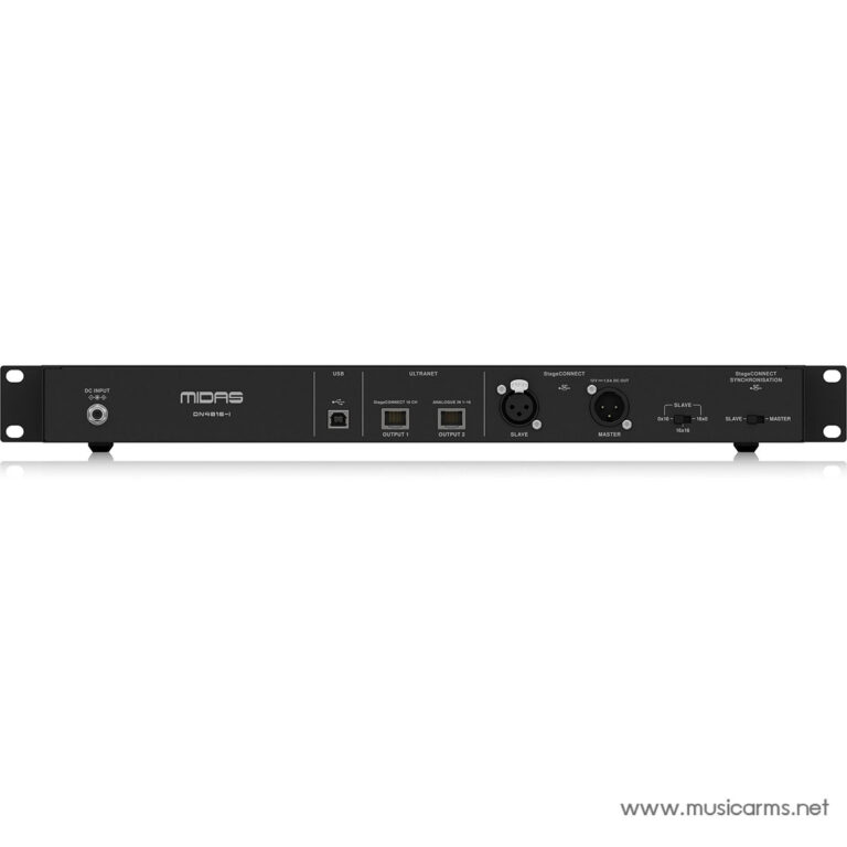 Rear panel of a MIDAS DN4816-1 rack-mount audio device showing DC input, USB port, ULTRANET, two analog outputs, and XLR StageCONNECT connectors (slave/master) ขายราคาพิเศษ