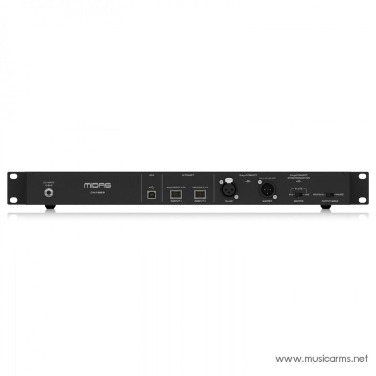 Rear view of a Midas DN858 rack-mount audio interface showing DC input, USB, Ultranet, two output ports, and master/slave XLR connectors ขายราคาพิเศษ