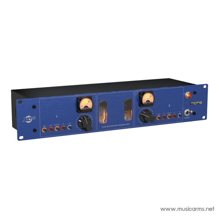 Blue rack-mount tube microphone preamplifier with two channels and glowing VU meters labeled 1 and 2 (Midas 1U rack unit) ขายราคาพิเศษ