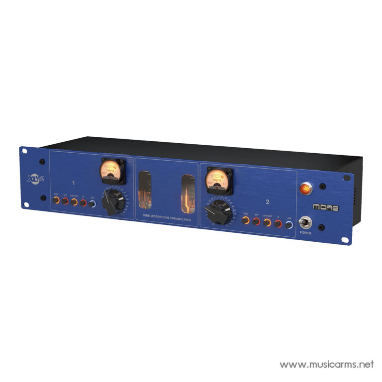 Two-channel blue tube microphone preamplifier rack unit with VU meters and control knobs, labeled 1 and 2, by MIDAS/MUSICARMS ขายราคาพิเศษ