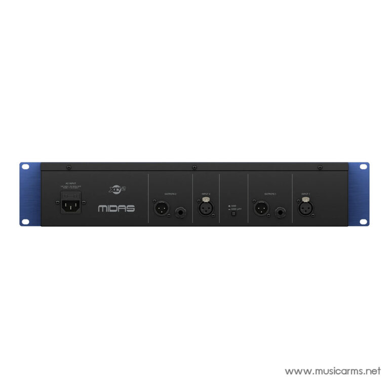 Rear panel of a 1U rack-mounted audio device (MIDAS) showing power inlet, multiple XLR/TRS I/O connectors, and blue rack ears for mounting. ขายราคาพิเศษ
