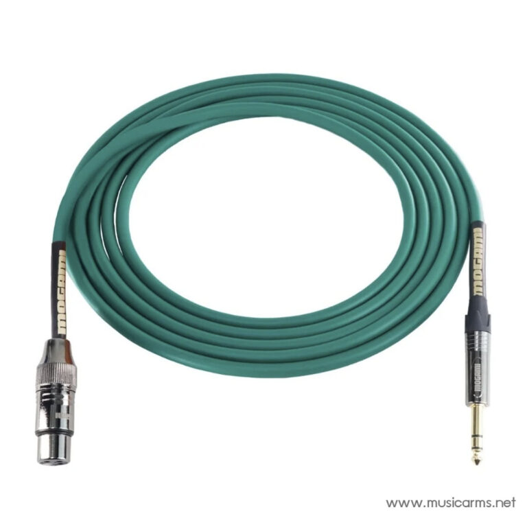 Green Mogami audio cable coiled, with XLR connector on one end and a 1/4-inch plug on the other end ขายราคาพิเศษ