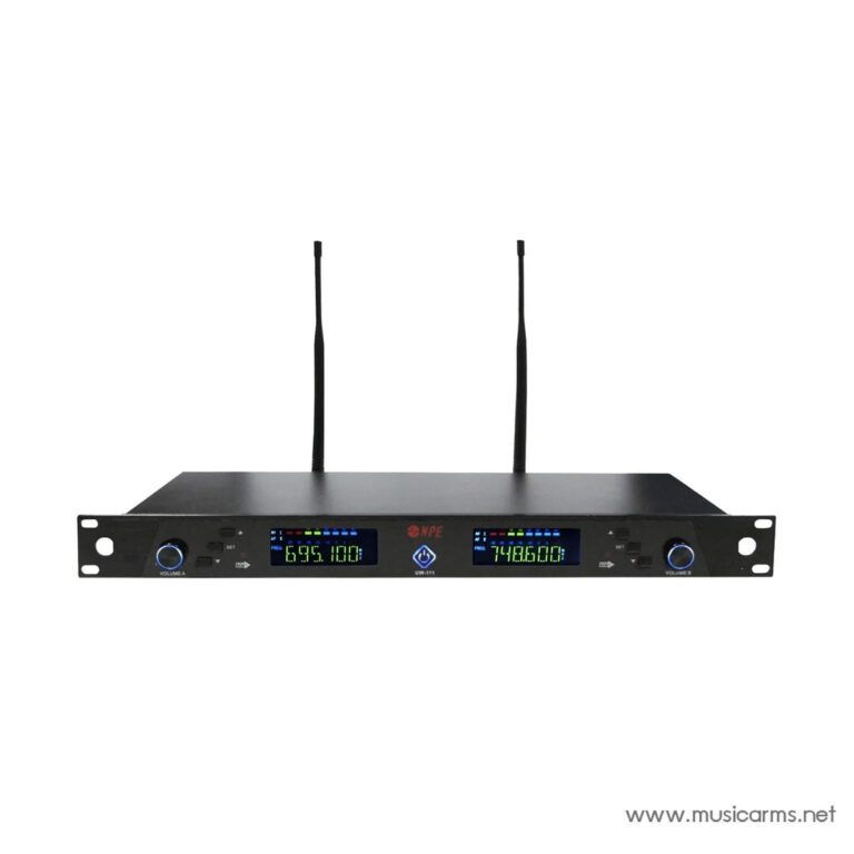Dual-channel wireless microphone receiver with two antennas and two front-panel displays showing channel and level. ขายราคาพิเศษ