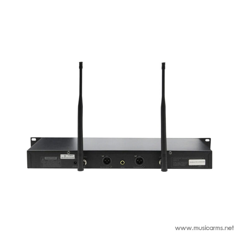 Rear view of a wireless audio receiver with two tall antennas and two XLR outputs on a rack-mount chassis. ขายราคาพิเศษ