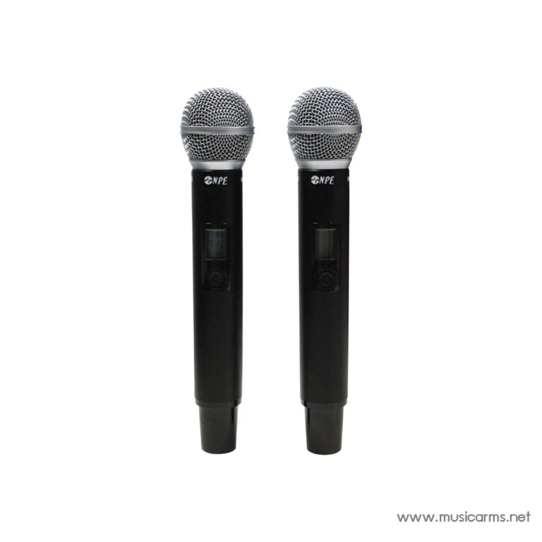 Two black handheld wireless microphones with silver mesh heads lying side by side on a white background (musicarms.net watermark). ขายราคาพิเศษ
