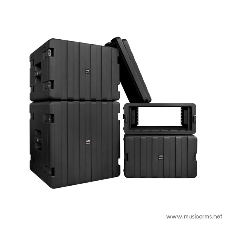 Stack of heavy-duty black flight cases for gear transport, with one open rack-style case on the right side and a tilted lid propped up. ขายราคาพิเศษ