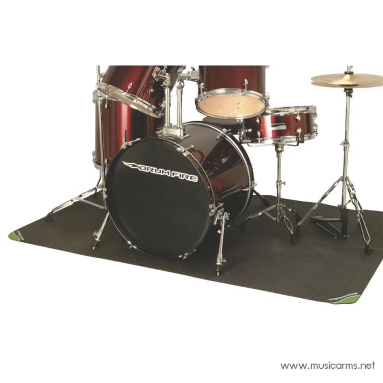 Red five-piece drum kit on a black practice mat, bass drum branded 'DrumFire' with toms, snare and cymbals visible. ขายราคาพิเศษ