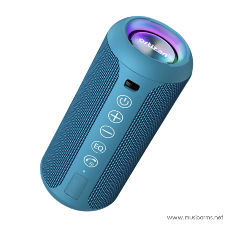 Blue cylindrical portable Bluetooth speaker with a rainbow-lit top and front control panel showing power, volume, EQ, and call buttons. ขายราคาพิเศษ