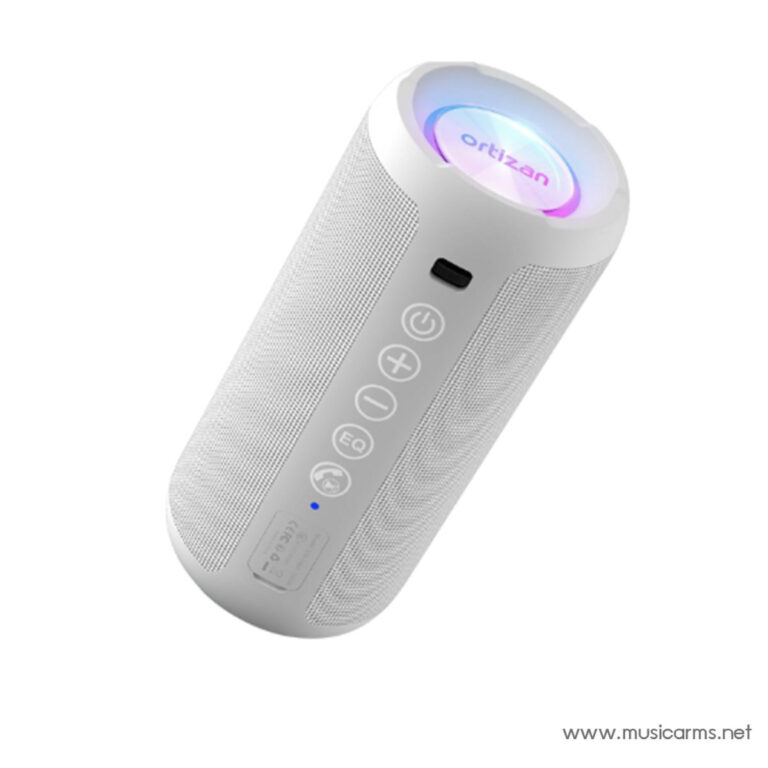 White portable Bluetooth speaker with a color-changing LED ring on the top and a vertical control panel on the front. ขายราคาพิเศษ