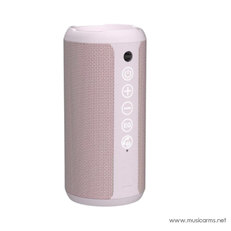 Pink portable Bluetooth speaker with vertical control panel and textured grille on a white background. ขายราคาพิเศษ