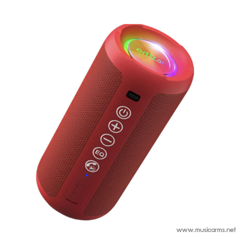 Red cylindrical Bluetooth speaker with a rainbow LED ring on top and a control panel along the front. ขายราคาพิเศษ