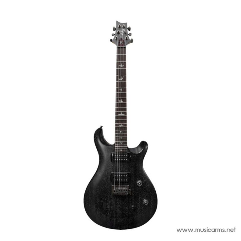 Black solid-body electric guitar with bird inlays, two humbucker pickups, and a tremolo bridge on a dark, textured finish. ขายราคาพิเศษ