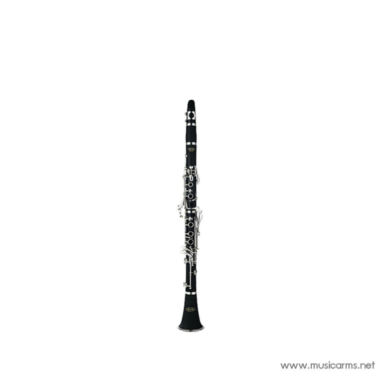 Black clarinet with silver keys standing upright on a white background ขายราคาพิเศษ