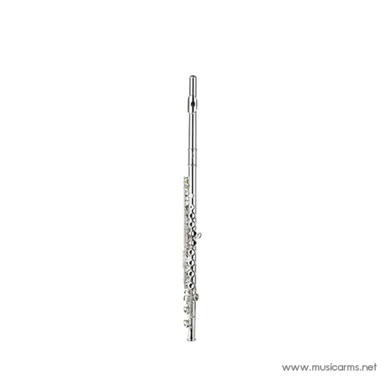 Silver flute standing upright against a white background, showing its keys and body with a shiny finish. ขายราคาพิเศษ
